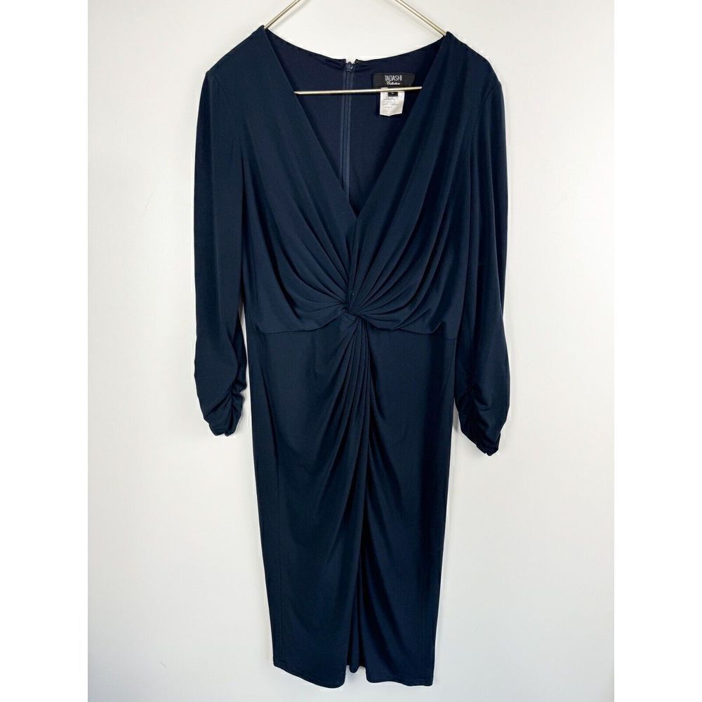 Tadashi Shoshi Collection Sz Large Ruched Twist Dress navy blue Fitted